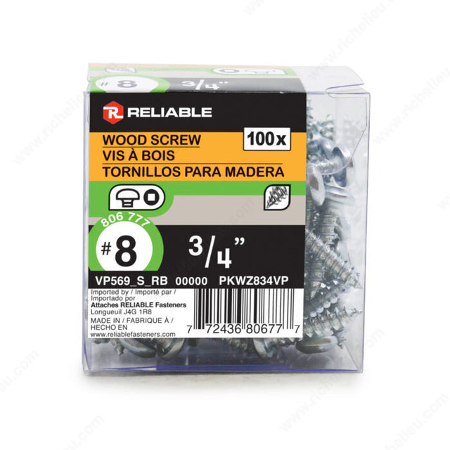 RELIABLE 8 x 3/4" Pan Head Wood Screw