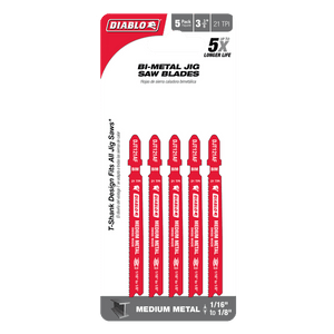 DIABLO DJT121AF5 3-5/8" 21TPI Bi-Metal Jig Saw Blades for Medium Metal (5-pk)