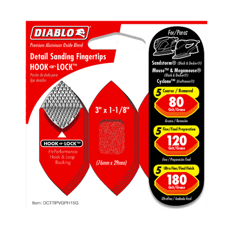 DIABLO CDTTIPVGPH15G 3"x 1-1/8" Assorted Hook & Lock™ Fingertip Detail Sanding Sheets (15-pk)