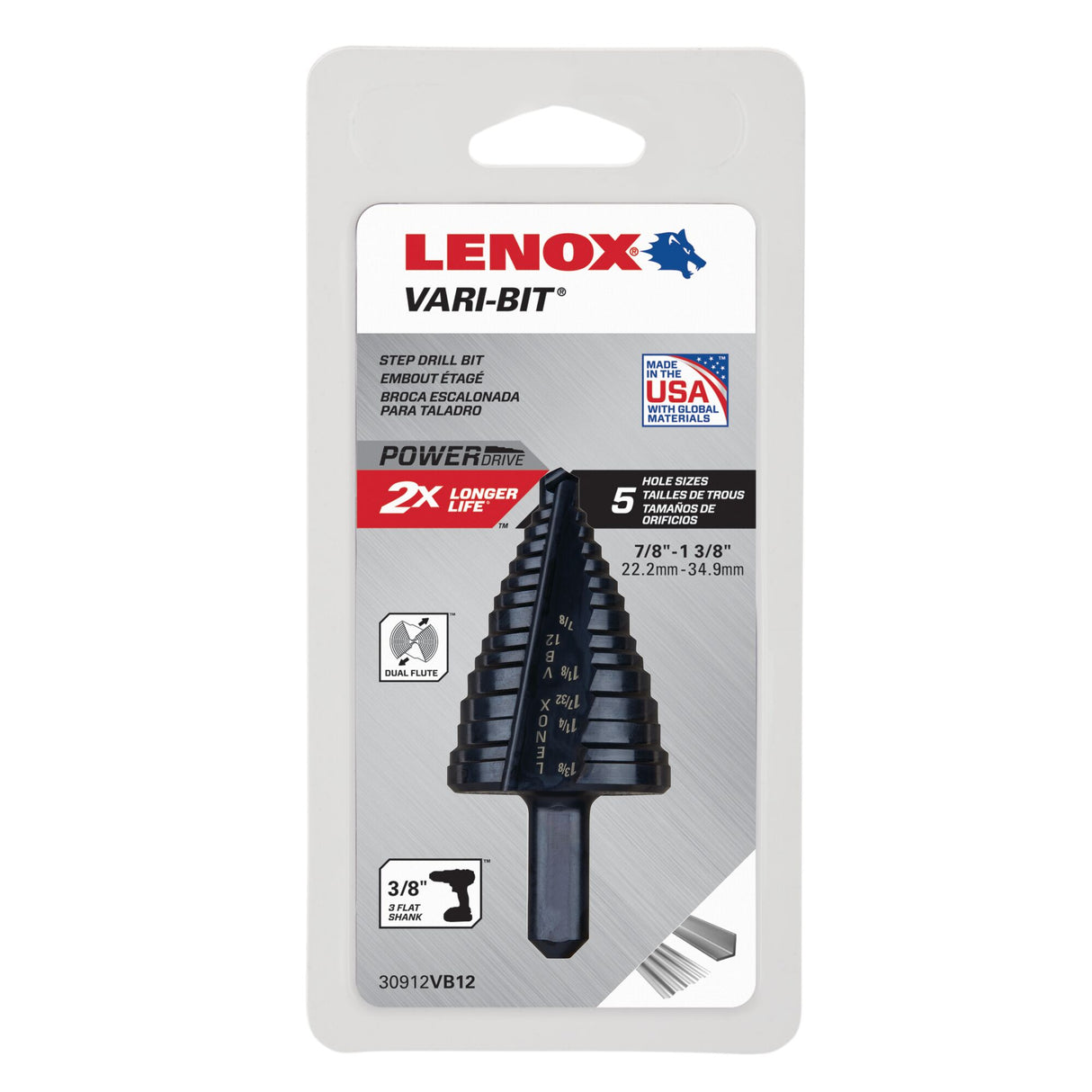 LENOX 30912VB12 0.38 in Vari Bit Step Drill Bit - 7/8"-1-3/8"
