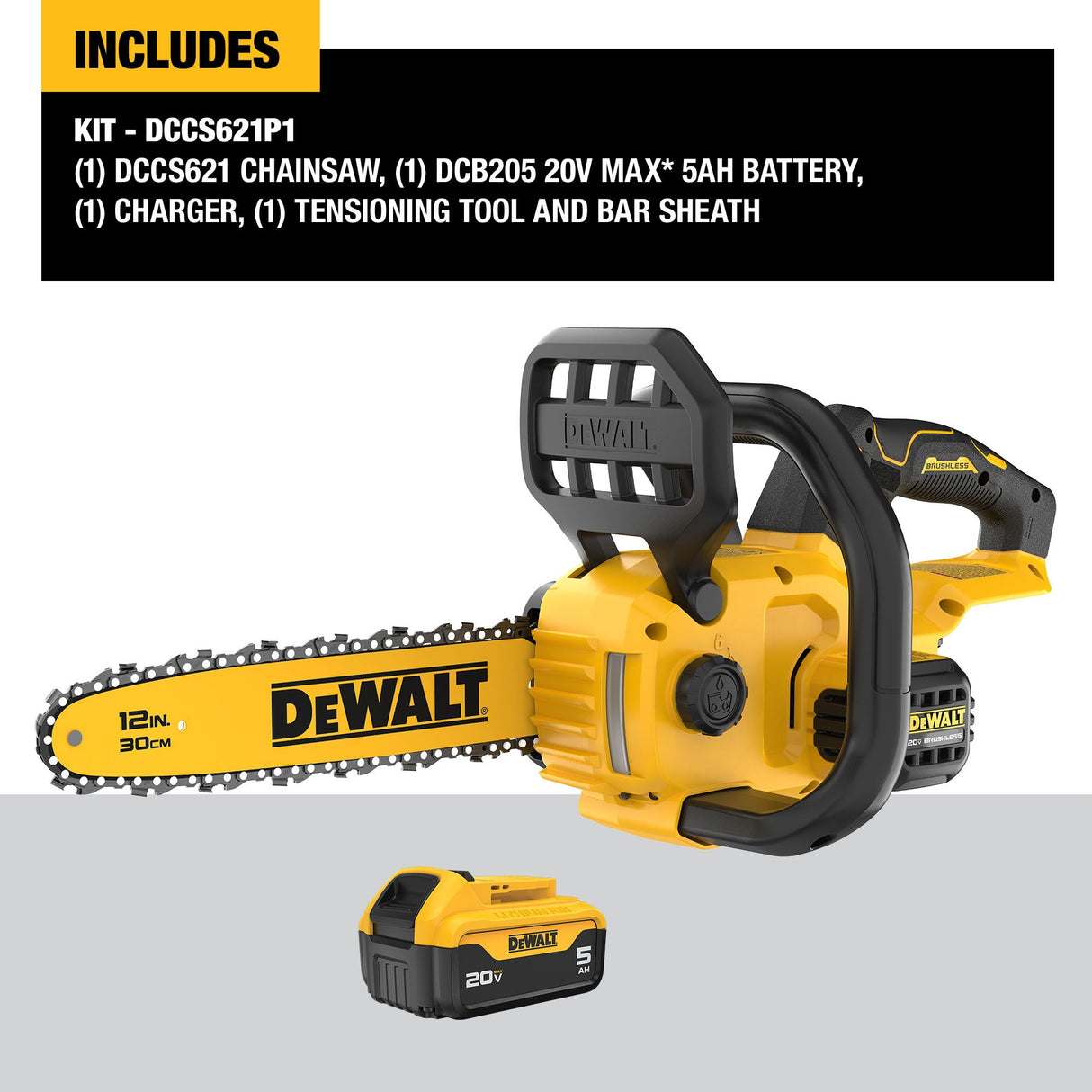 DEWALT DCCS621P1 20V MAX* Compact 12 in. Brushless Cordless Chainsaw Kit