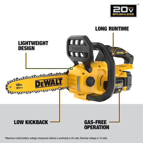 DEWALT DCCS621P1 20V MAX* Compact 12 in. Brushless Cordless Chainsaw Kit