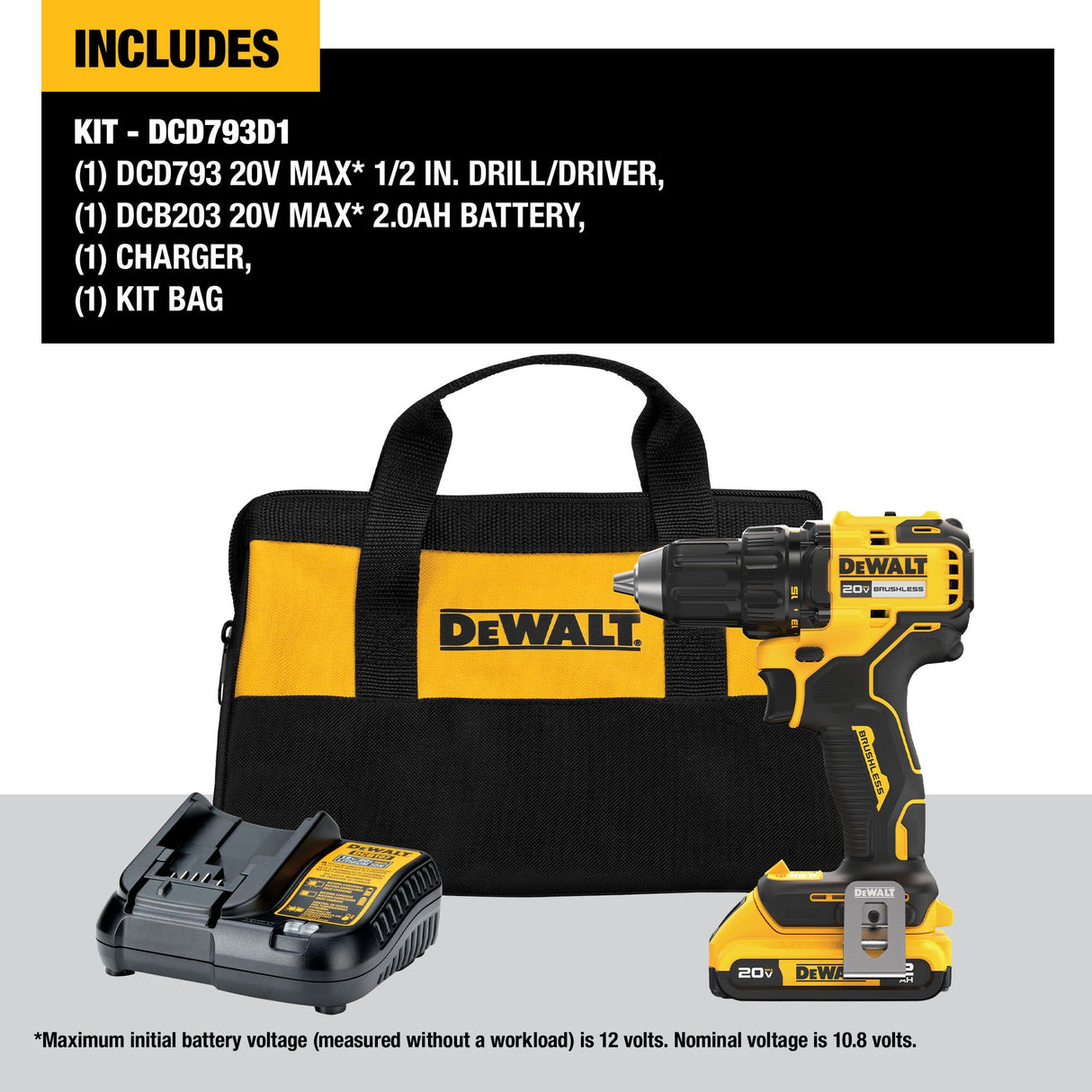 DEWALT DCD793D1 20V MAX* Brushless Cordless 1/2 in. Drill/Driver Kit