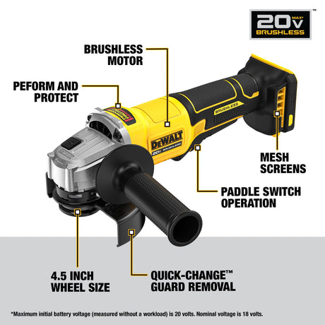 DEWALT DCG408B 20V MAX* Brushless Cordless 4 1/2 in. Paddle-Switch Grinder (Tool Only)
