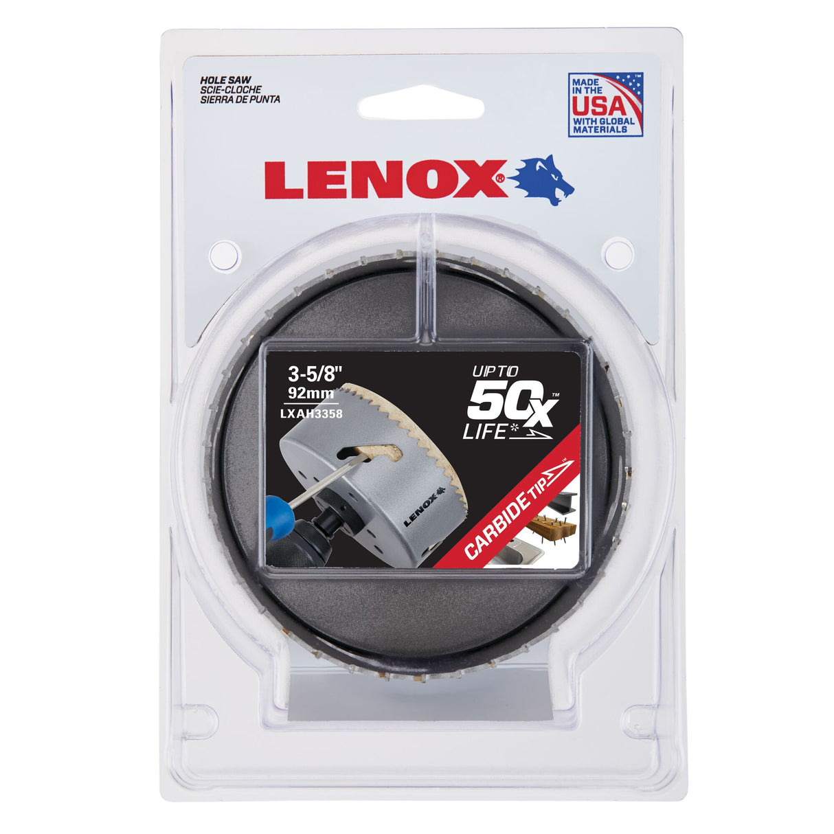 LENOX LXAH3358 Speed Slot® Carbide Tipped Hole Saw 92mm / 3-5/8"