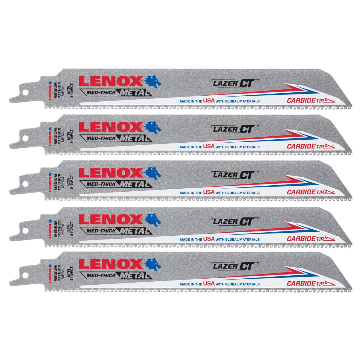 LENOX LXAR9110CT 9 in. x 1 in. LAZER CT™ 10 TPI Carbide Tipped 9" Reciprocating Saw Blades (5 PK)