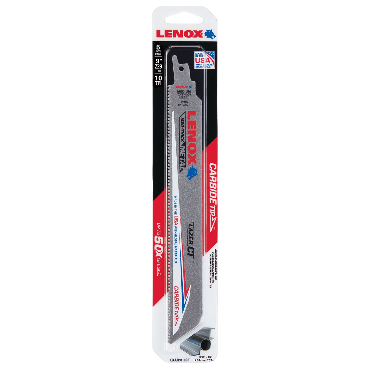 LENOX LXAR9110CT 9 in. x 1 in. LAZER CT™ 10 TPI Carbide Tipped 9" Reciprocating Saw Blades (5 PK)