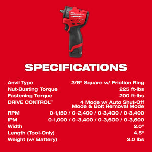 Milwaukee 3049-22 M12 FUEL™ 3/8" Subcompact Impact Wrench w/ Friction Ring Kit