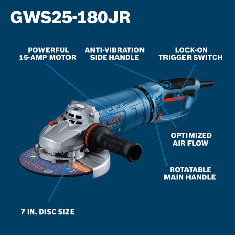 BOSCH GWS25-180JR 7 In. Large Angle Grinder – 15 Amp W/ Lock-On Trigger Switch and Rotatable Main Handle