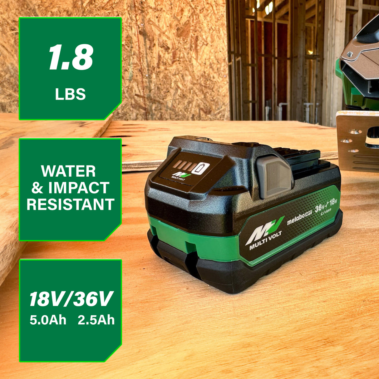 metabo HPT 382309M 18V/36V (5.0Ah/2.5Ah) MultiVolt™ Lithium Ion Water & Impact Resistant Battery