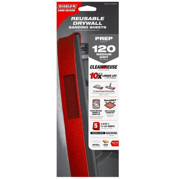 DIABLO DNS431120H05G 4-3/16" x 11-1/4" Sand Demon™ 120-Grit Reusable Sanding Sheets for Drywall (5-pk)
