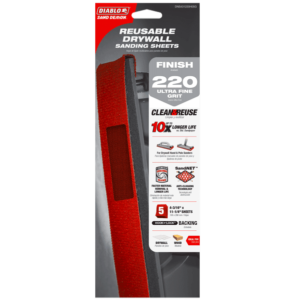 DIABLO DNS431220H05G 4-3/16" x 11-1/4" Sand Demon™ 220-Grit Reusable Sanding Sheets for Drywall (5-pk)