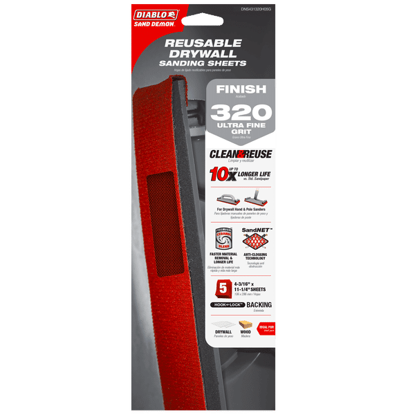 DIABLO DNS431320H05G 4-3/16" x 11-1/4" Sand Demon™ 320-Grit Reusable Sanding Sheets for Drywall (5-c)