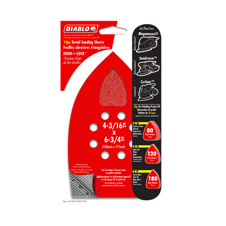 DIABLO DCTDETVGPH10G 4-3/16" x 6-3/4" Assorted Hook & Lock™ MegaMouse Detail Sanding Sheets (10-pk)