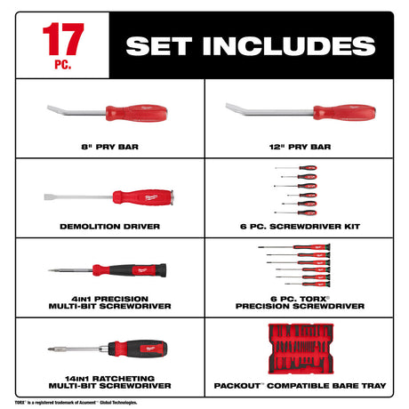 Milwaukee 48-22-0158 17pc. Screwdriver & Pry Bar Set with Tray for PACKOUT™ Drawers