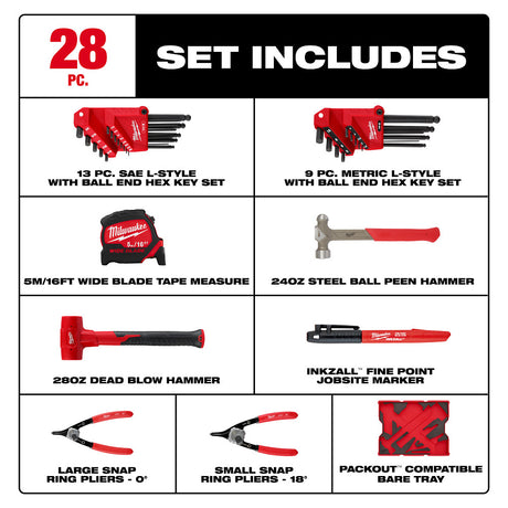 Milwaukee 48-22-0161 28pc. Hex Key & Hammer Set with Tray for PACKOUT™ Drawers