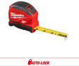 Red Milwaukee tape measure with yellow measuring tape on a white background