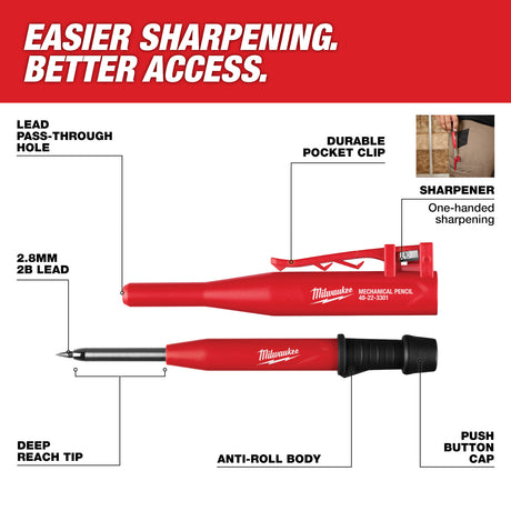 Milwaukee mechanical pencil with features highlighted on a white background