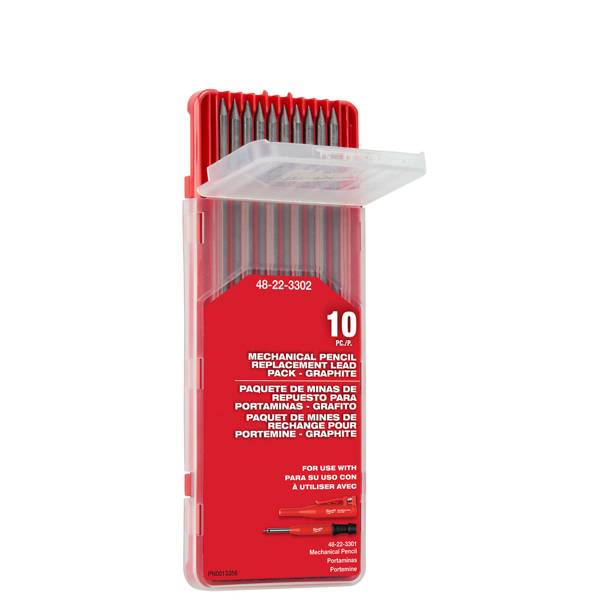 Red packaging of mechanical pencil replacement lead with white text on a white background