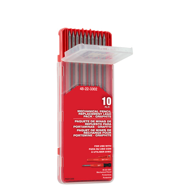 Red packaging of mechanical pencil replacement lead with white text on a white background