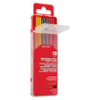 Red packaging of mechanical pencil lead refills with yellow and gray leads on a white background