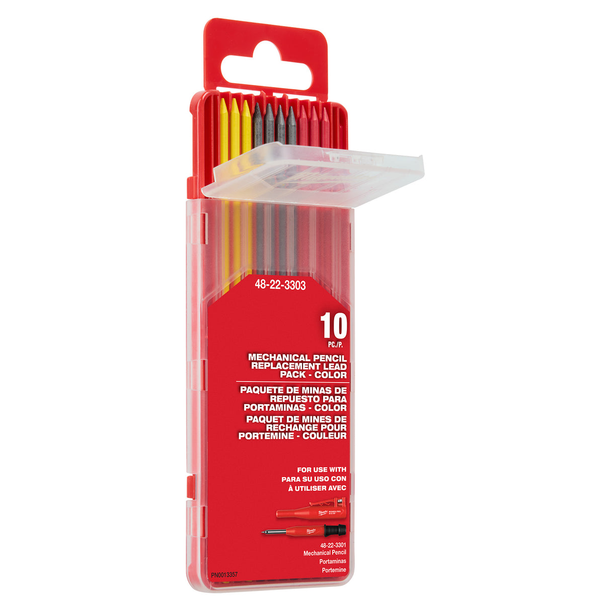 Red packaging of mechanical pencil lead refills with yellow and gray leads on a white background