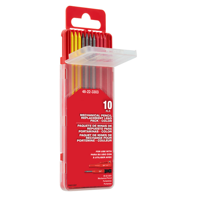 Red packaging of mechanical pencil lead refills with yellow and gray leads on a white background