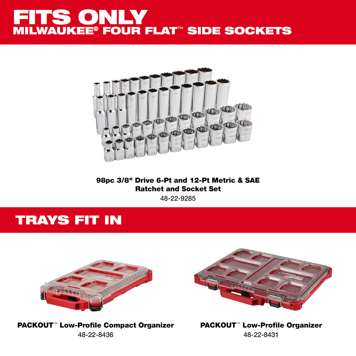 Milwaukee 48-22-9285 98pc 3/8" Drive 6-Pt and 12-Pt Metric & SAE Ratchet & Socket Set with PACKOUT™ Low-Profile Organizer