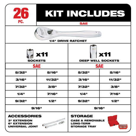 Milwaukee 48-22-9404 1/4" Drive 26pc Ratchet & Socket Set - SAE
