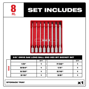 Milwaukee  48-22-9549 8pc 3/8" Drive Long Ball End Hex Bit Socket Set - SAE