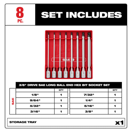 Milwaukee  48-22-9549 8pc 3/8" Drive Long Ball End Hex Bit Socket Set - SAE