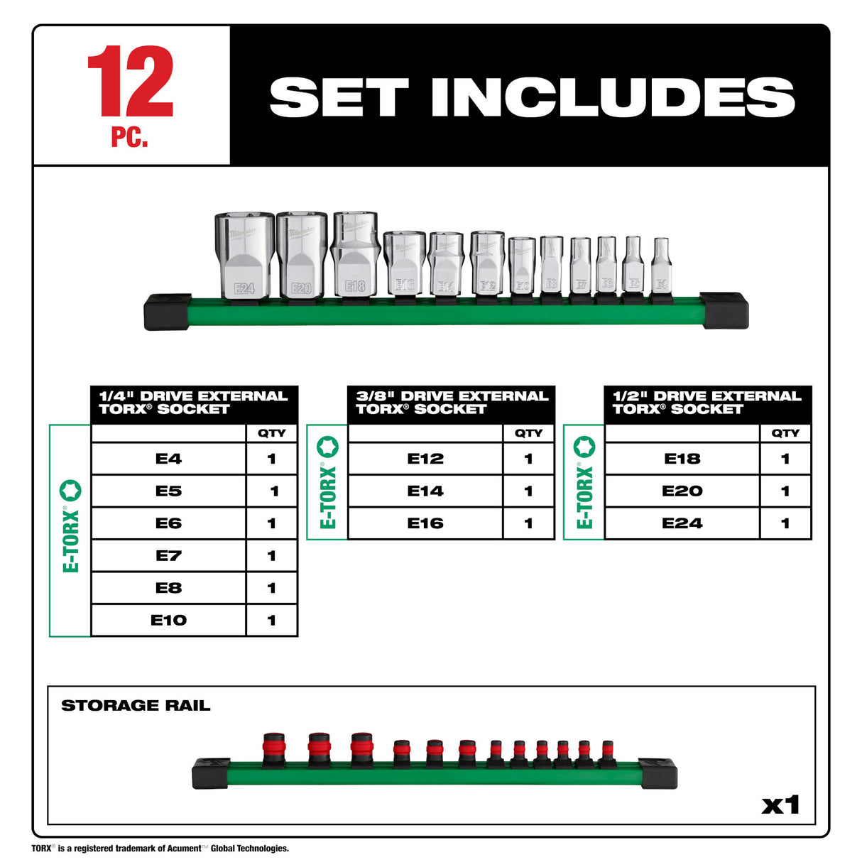 Milwaukee 48-22-9570 12pc 1/4”, 3/8”, & 1/2” Drive External TORX® Socket Set