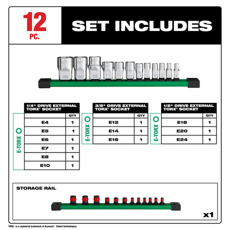 Milwaukee 48-22-9570 12pc 1/4”, 3/8”, & 1/2” Drive External TORX® Socket Set