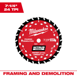 Milwaukee 48-41-0750 7-1/4” 24T NITRUS™ Carbide Framing & Demolition Circular Saw Blade