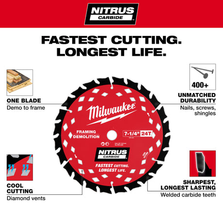 Milwaukee 48-41-0750 7-1/4” 24T NITRUS™ Carbide Framing & Demolition Circular Saw Blade