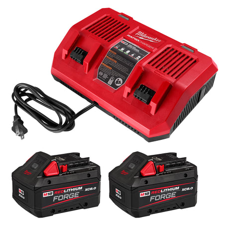Red Milwaukee battery charger and two batteries on a white background