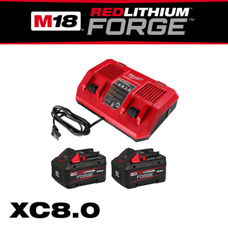 Red lithium-ion battery charger and batteries with 'M18 Red Lithium Forge' branding on a white background.