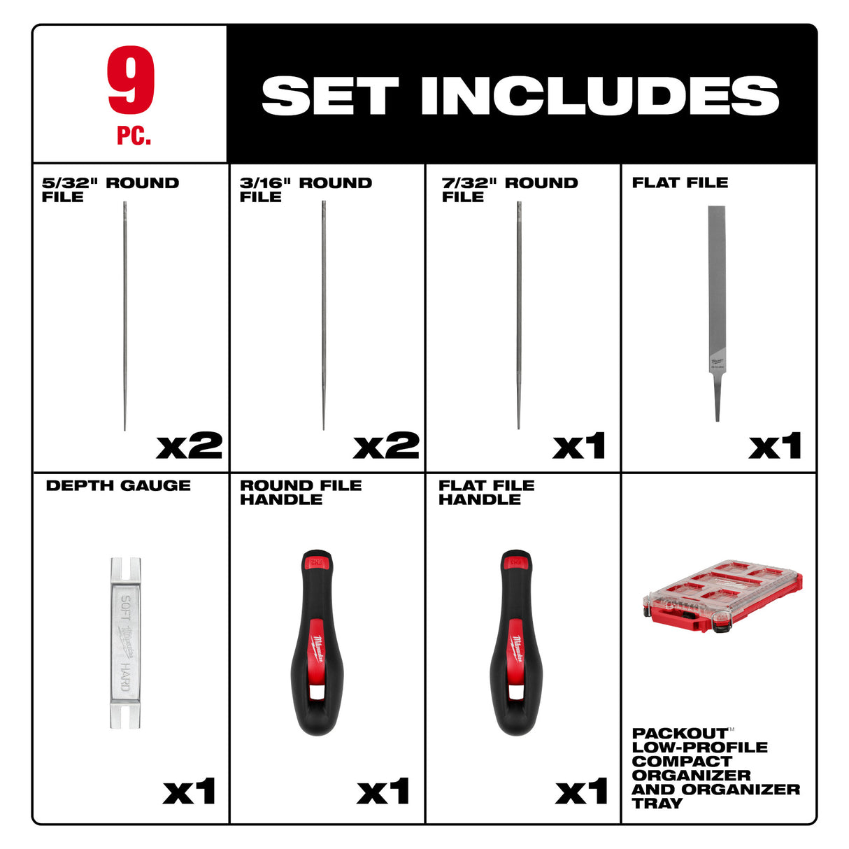 Milwaukee 49-16-2880 9pc Saw Chain Sharpening Set with PACKOUT™ Low-Profile Compact Organizer