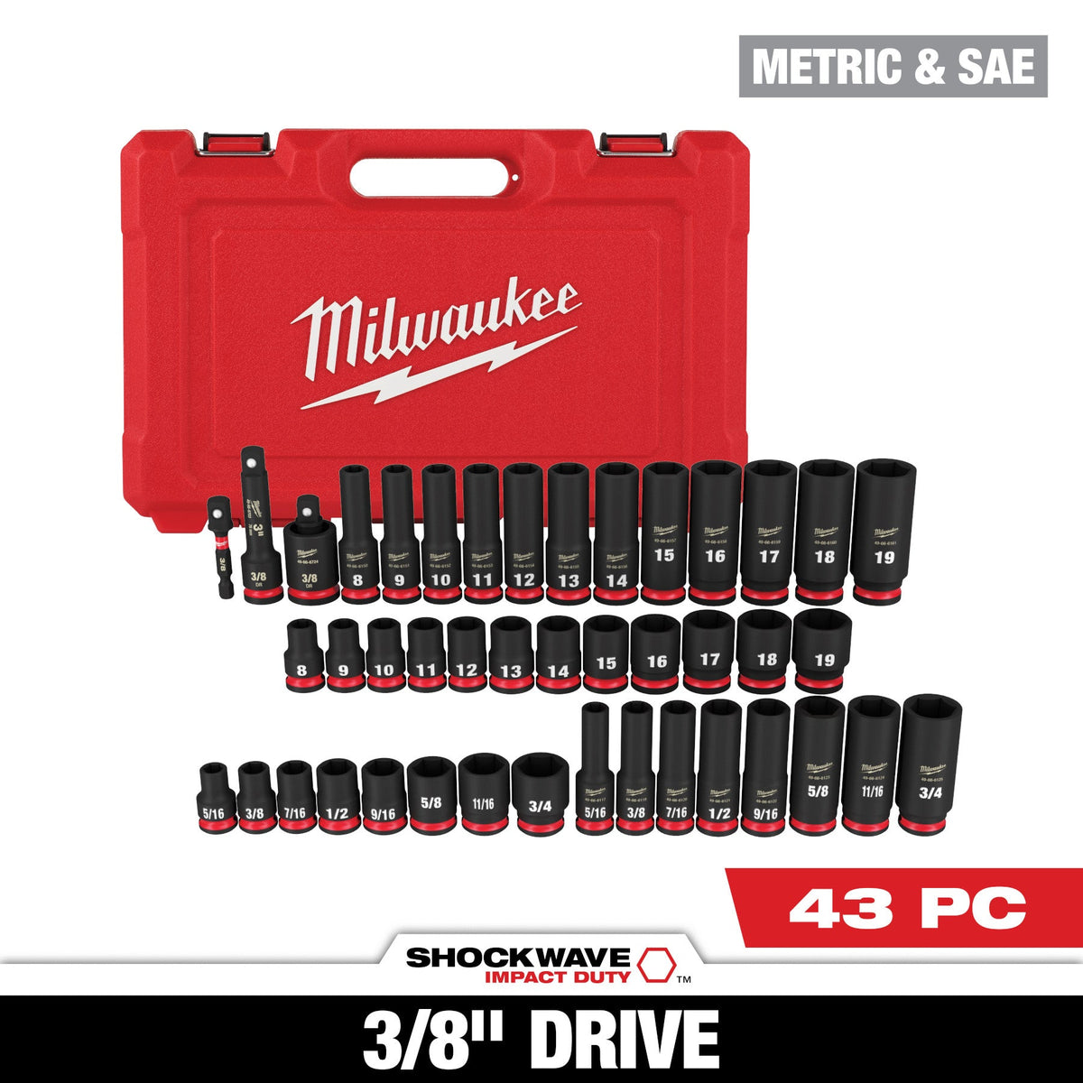Milwaukee 49-66-7009 43PC SHOCKWAVE™ Impact Duty 3/8" Drive SAE & Metric Deep 6 Point Socket Set