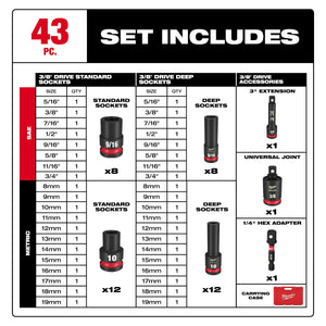 Milwaukee 49-66-7009 43PC SHOCKWAVE™ Impact Duty 3/8" Drive SAE & Metric Deep 6 Point Socket Set