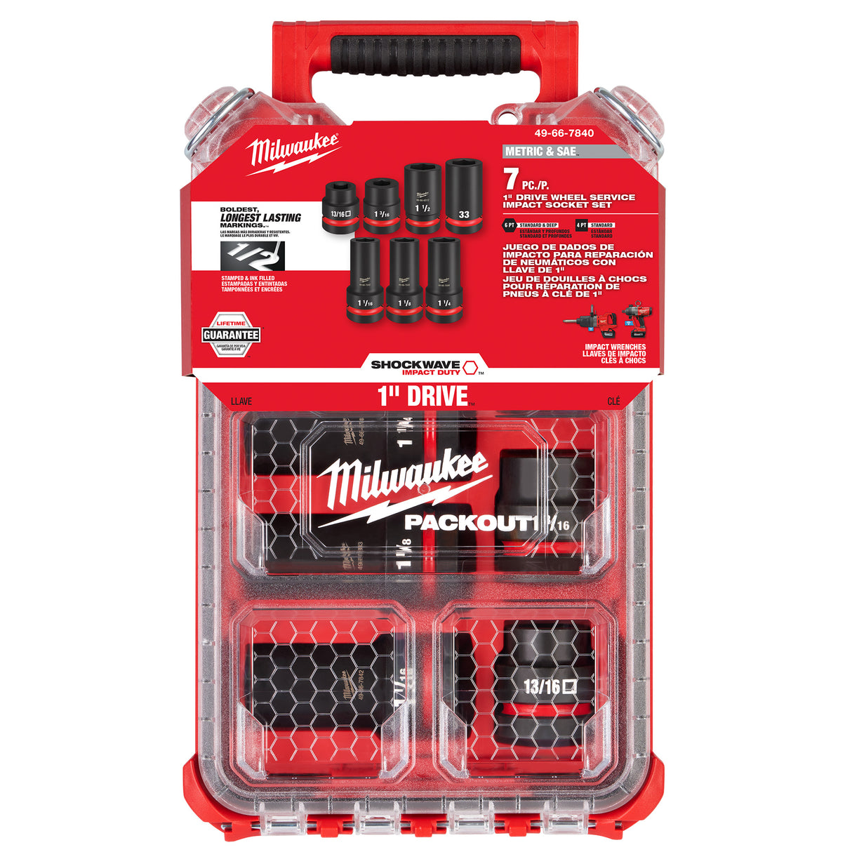 Milwaukee 49-66-7840 SHOCKWAVE Impact Duty™ 1” Drive 7PC MM & SAE Wheel Service Socket PACKOUT™ Set