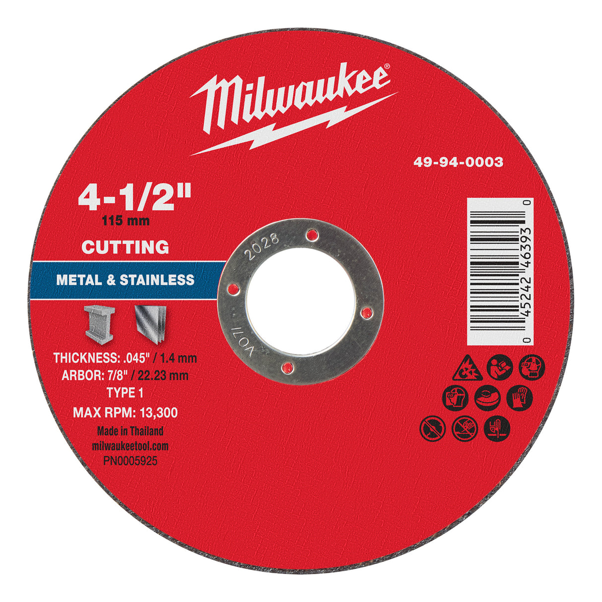 4-1/2" Red cutting disc with Milwaukee logo on a white background