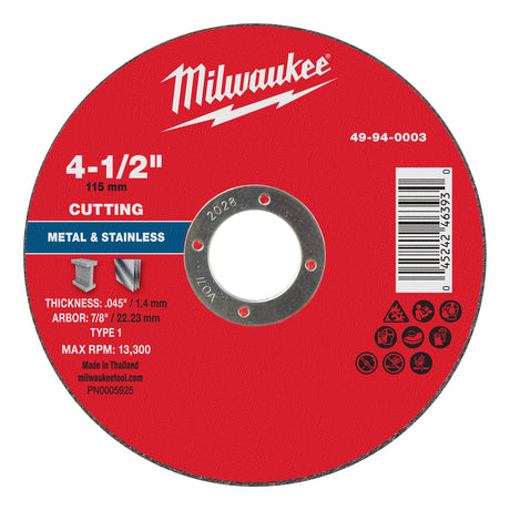 4-1/2" Red cutting disc with Milwaukee logo on a white background