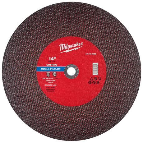 Milwaukee 14" cutting wheel with red label on a white background