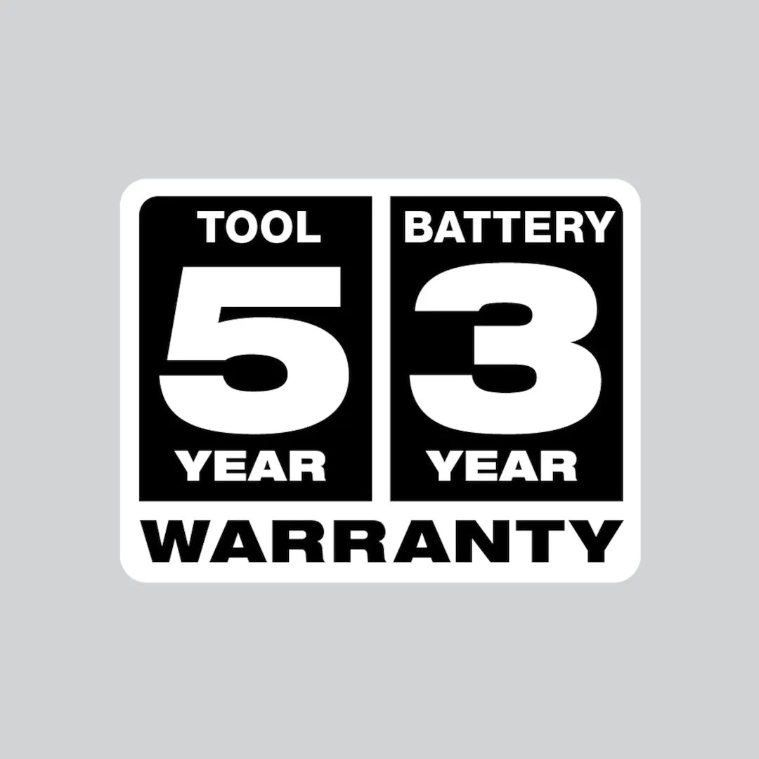 Milwaukee 5 year tool and 3 year battery warranty logo