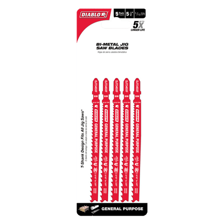 DIABLO DJT345XF5 5-1/4" 5/10TPI Bi-Metal Jig Saw Blades for General Purpose Cuts (5-pk)