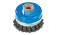 Wire brush with blue ceramic cup and metallic bristles on a white background