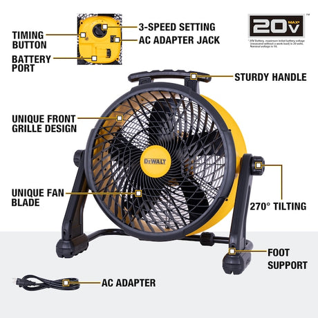 DEWALT DXF1850B 18" 20V AC/DC 3-Speed Drum Fan Tool with Adapter Cord