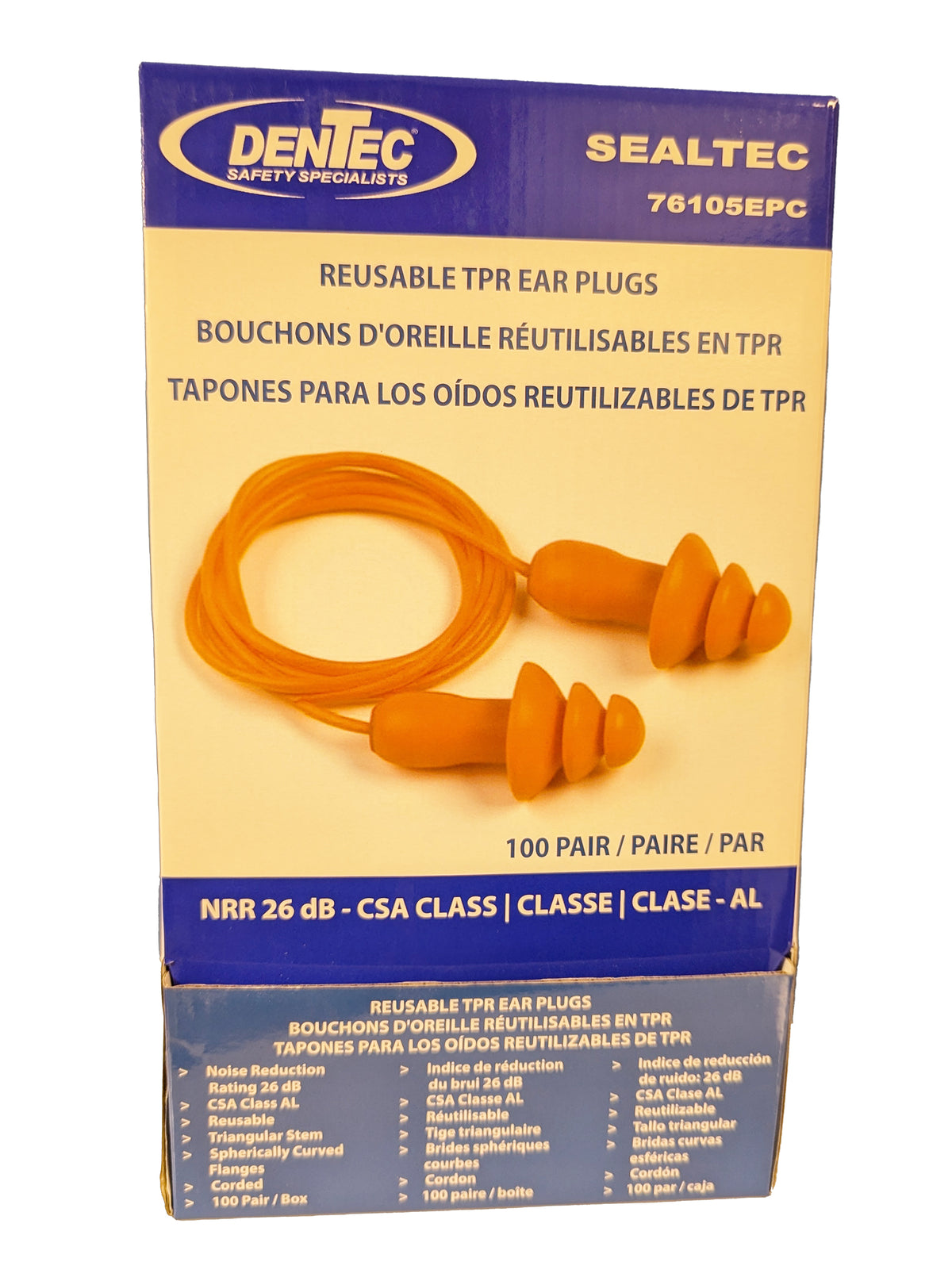 DENTEC 76105EPC SEALTEC TipGrip™ Orange TPR Triple-Flange Reusable Earplug, NRR 26dB, CSA Class AL W/ Cord. (100 pair/Box)