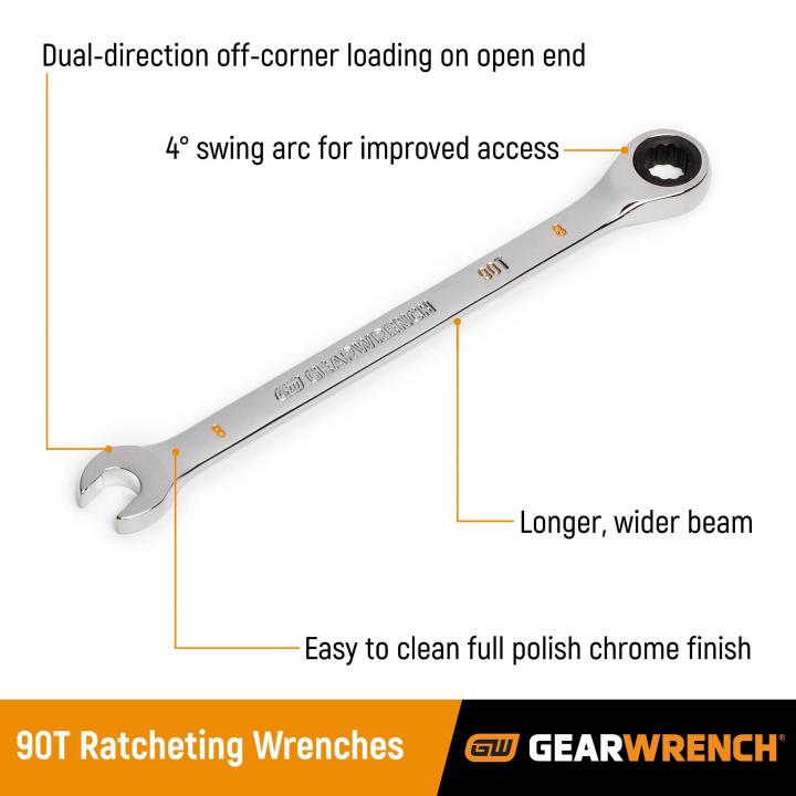 GEARWRENCH 86958 10 Piece 90-Tooth 12 Point SAE Combination Ratcheting Wrench Set